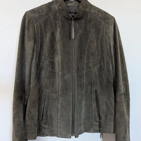 Alfani Leather Suede Short Boho Biker Standup Neck Jacket Dark Olive Green - Picture 4 of 14